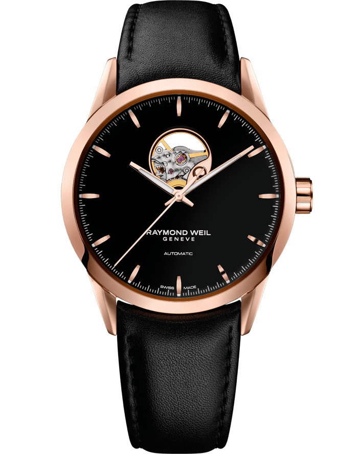 RAYMOND WEIL ROSE GOLD ON LEATHER WITH VISIBLE BALANCE WHEEL
