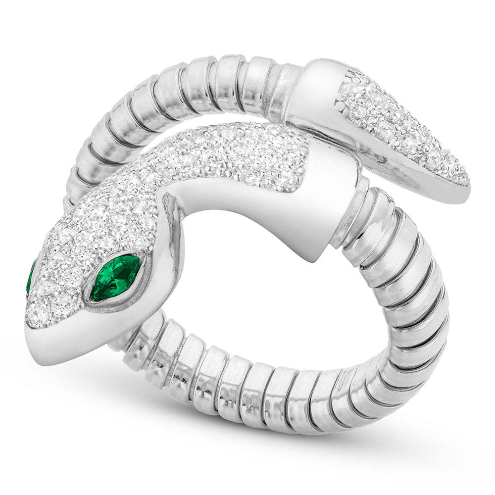 Serpentine Single Wrap Ring in White with Green Eyes