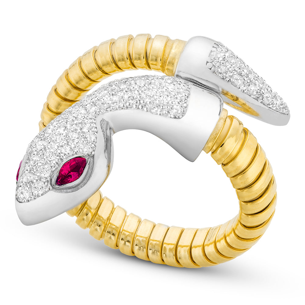 Serpentine Single Wrap Ring in Yellow & White with Red Eyes