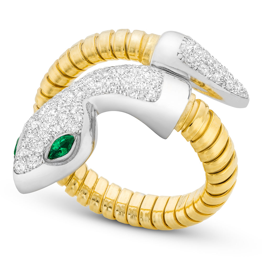 Serpentine Single Wrap Ring in Yellow & White with Green Eyes