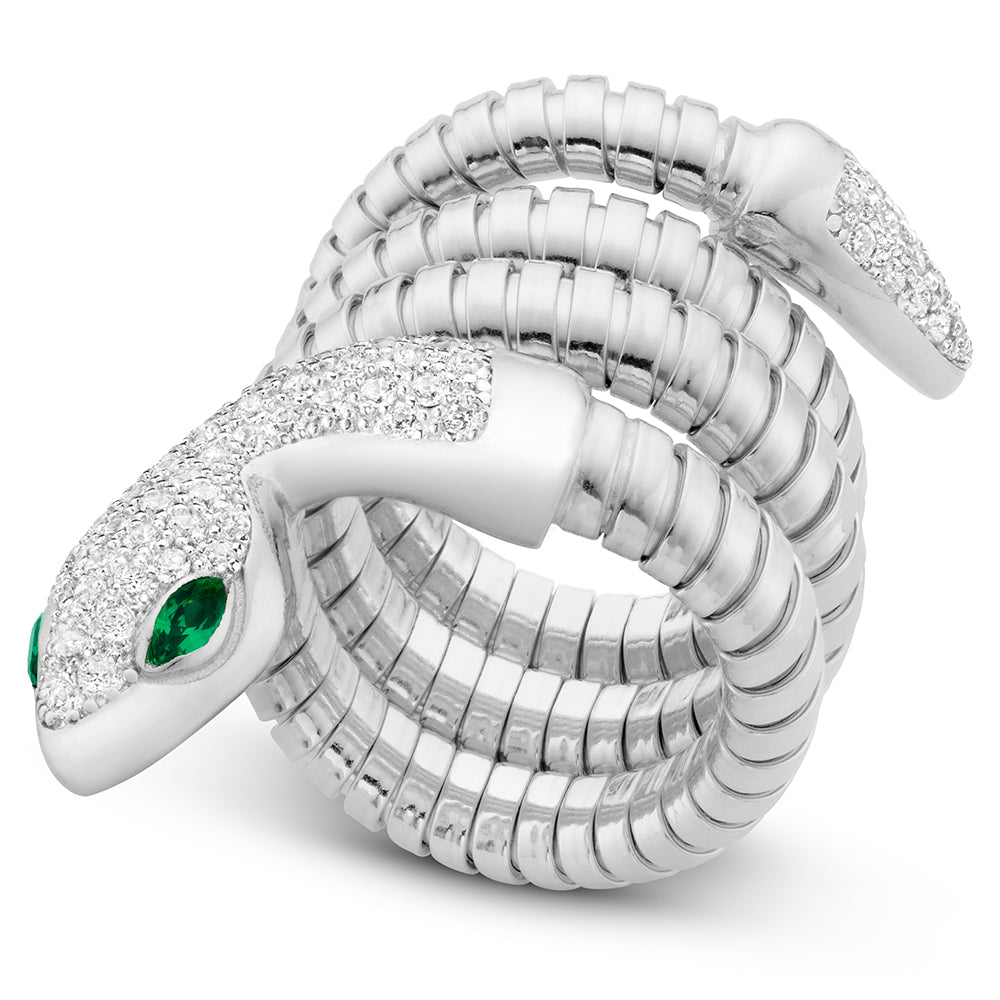 Serpentine Double Wrap Ring in White, Green Eyes