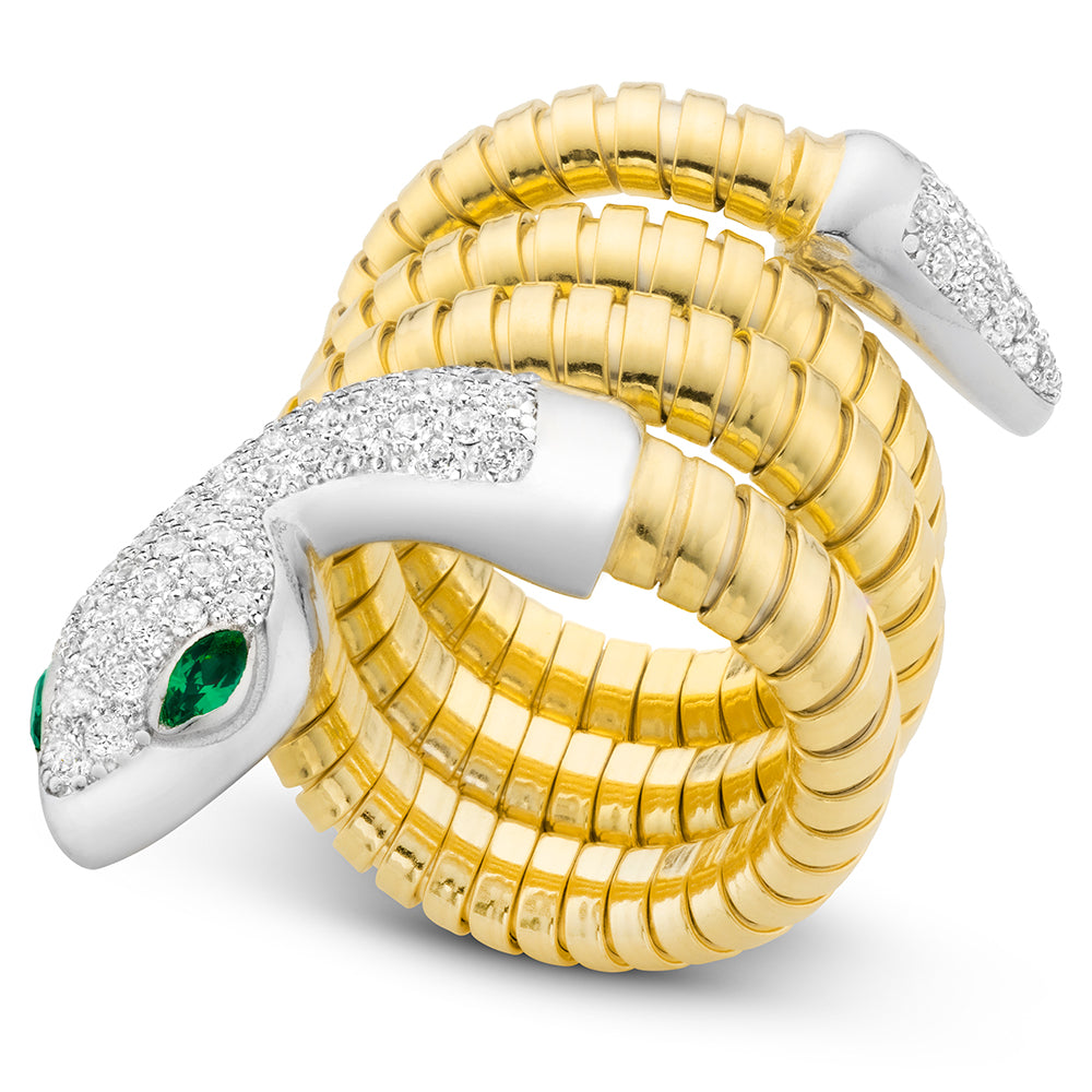 Serpentine Double Wrap Ring with Green Eyes in Yellow & White