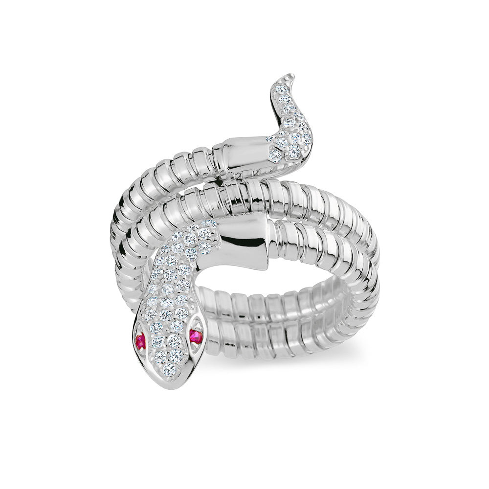 Mini Serpentine Double Wrap Ring in White with Red Eyes