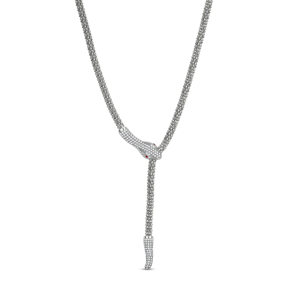 Serpentine Bite Lariat Necklace in White with Red Eyes