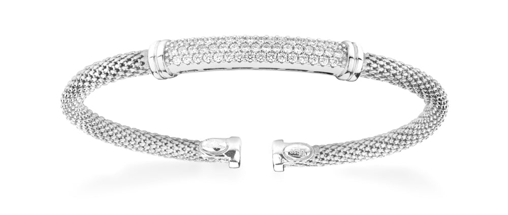 Slip On Mesh Bangle with Pave Bar in White