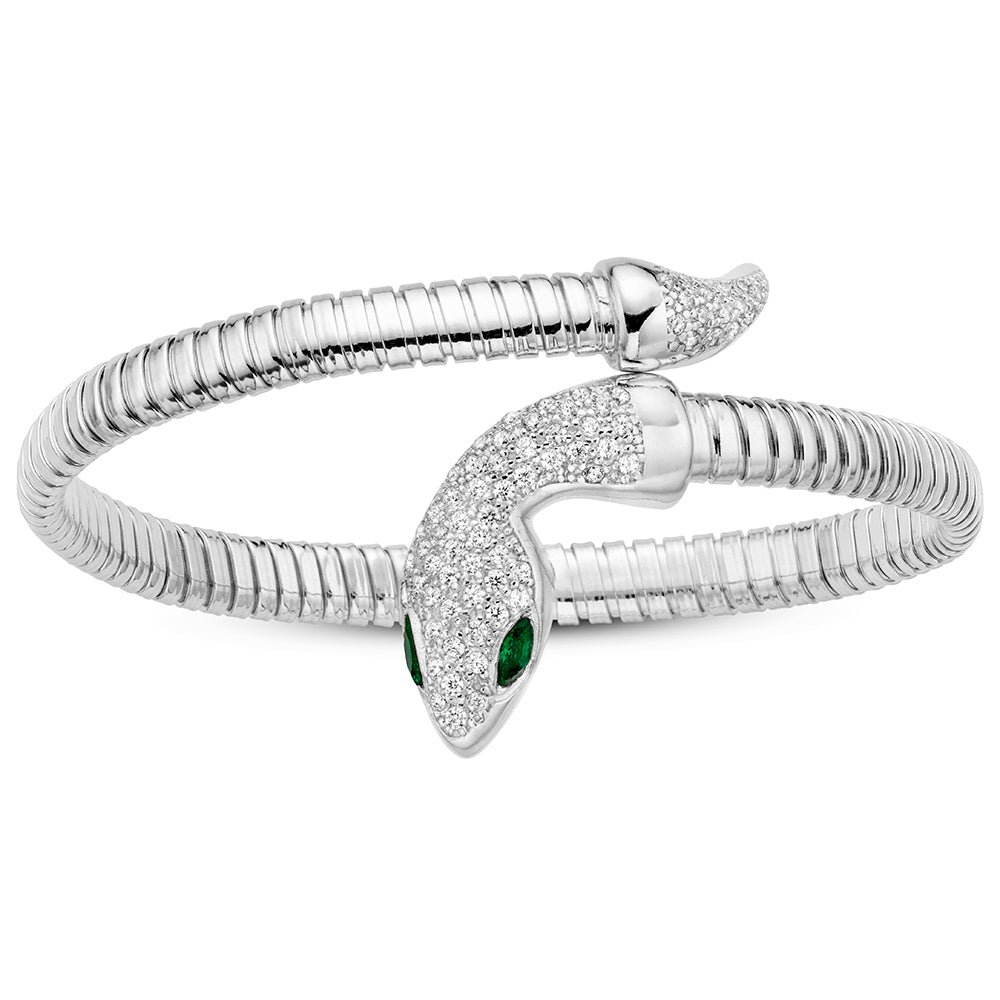 Serpentine Single Wrap Bangle in White with Green Eyes