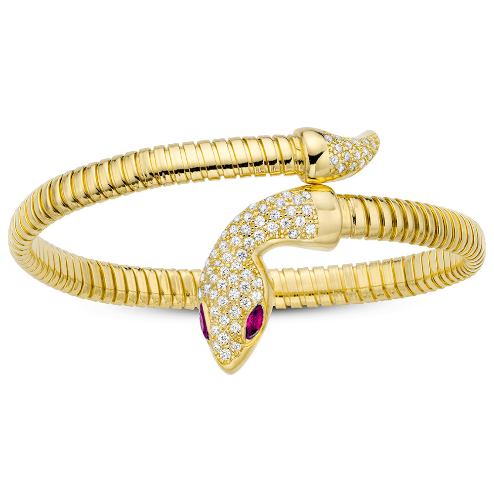 Serpentine Single Wrap Bangle in Yellow with Red Eyes
