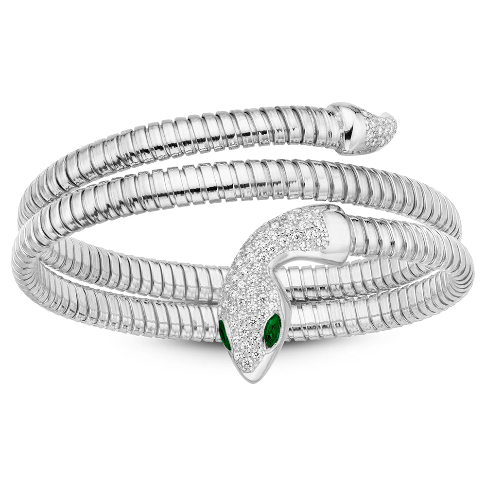 Serpentine Double Wrap Bangle in White, Green Eyes