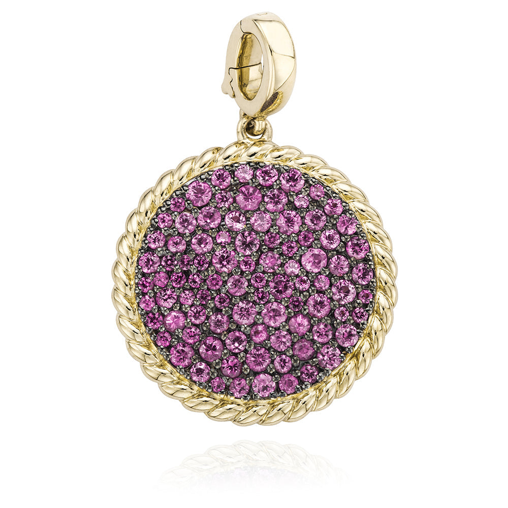 Miss Mimi Large Pink Sapphire Pave Disc Pendant in Yellow