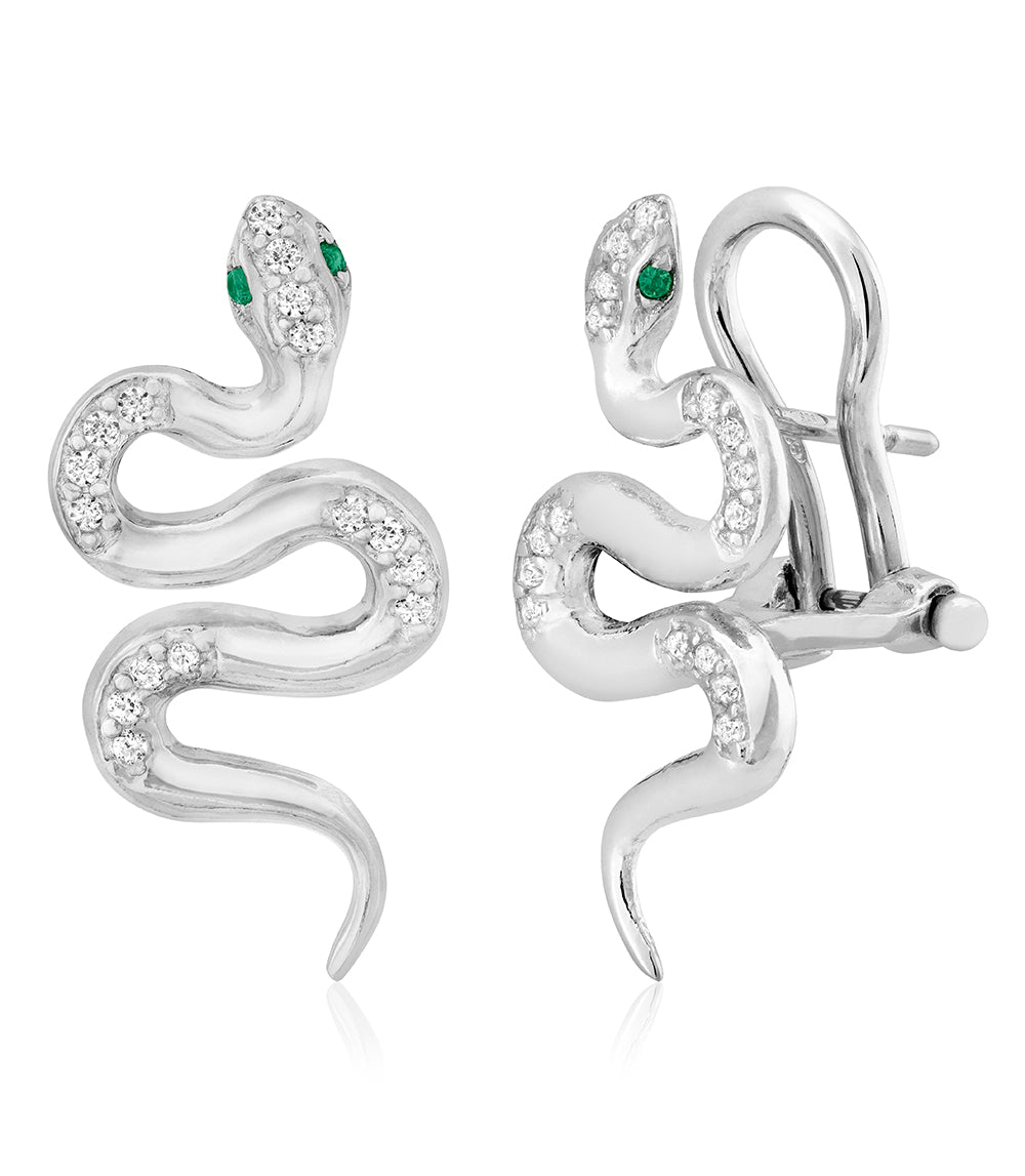 Serpentine Earrings in White with Green Eyes