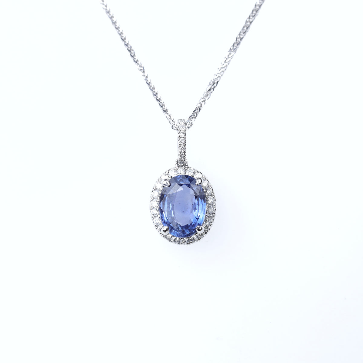 DIAMOND NECKLACES GEMSTONE 14K  WHITE GOLD PENDANT WITH SAPPHIRE AND DIAMONDS
