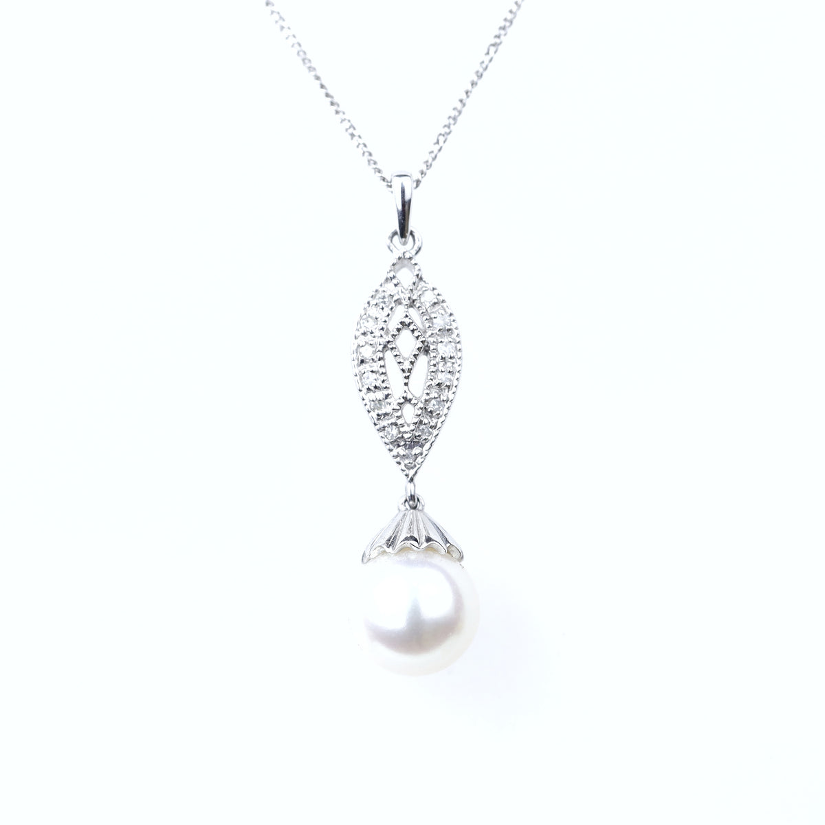DIAMOND NECKLACES GEMSTONE 14K WHITE GOLD PEARL 