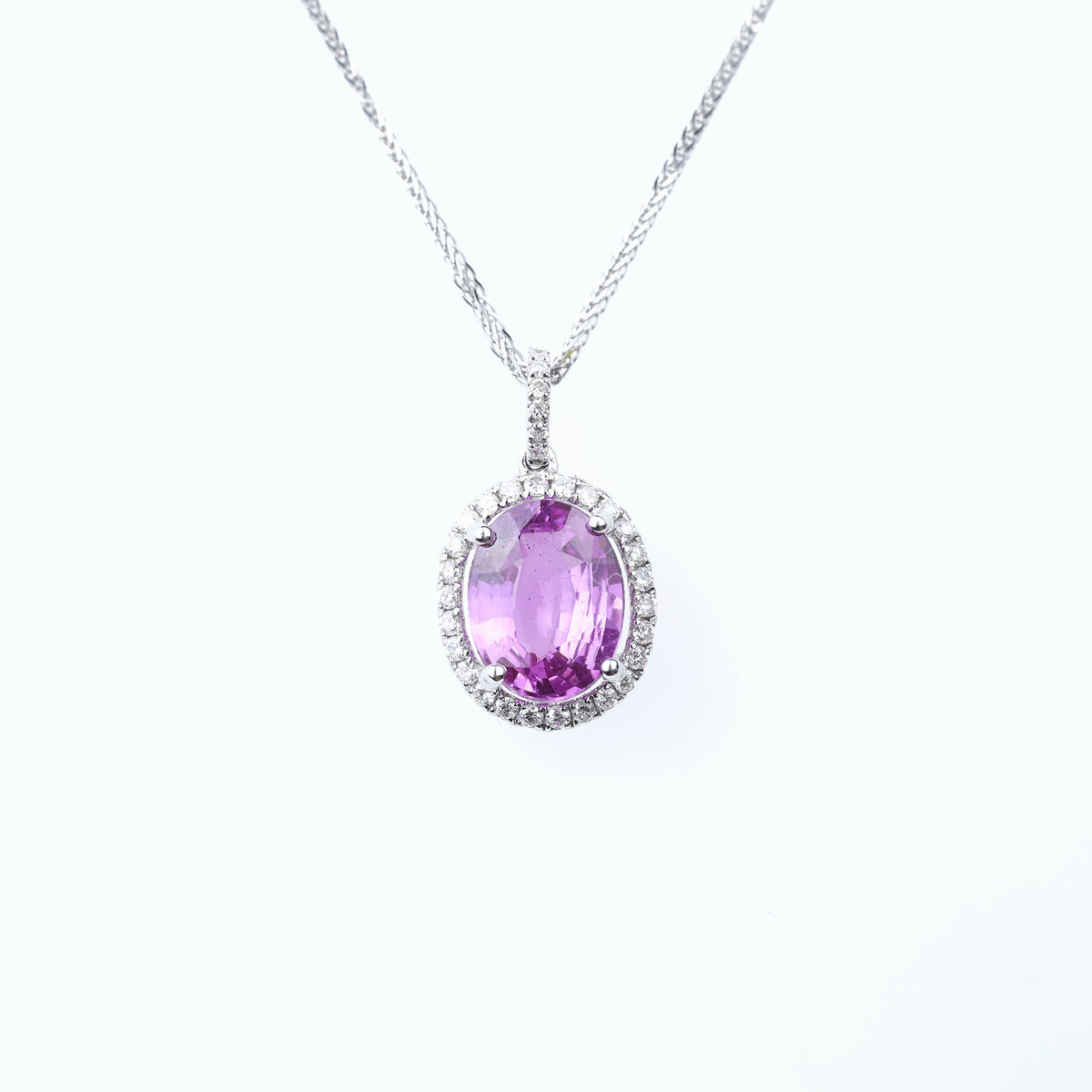DIAMOND NECKLACES GEMSTONE 14K WHITE GOLD OVAL CUT PINK SAPPHIRE