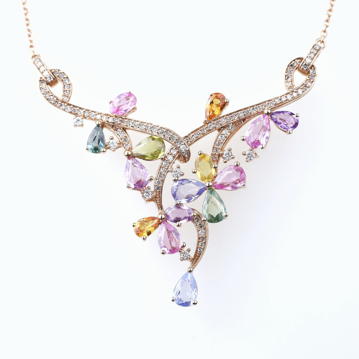 DIAMOND NECKLACES GEMSTONE 14K ROSE GOLD MULTI-STONE 