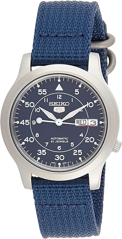 SEIKO 5 AUTOMATIC STAINLESS STEEL WATCH WITH BLUE CANVAS BAND SNK807