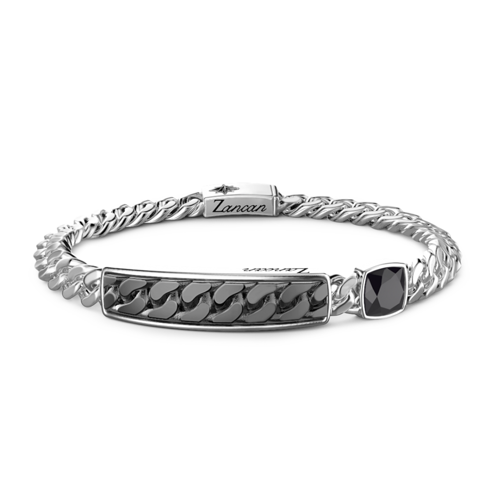 Curb Chain Bracelet with Tag and Black Stone