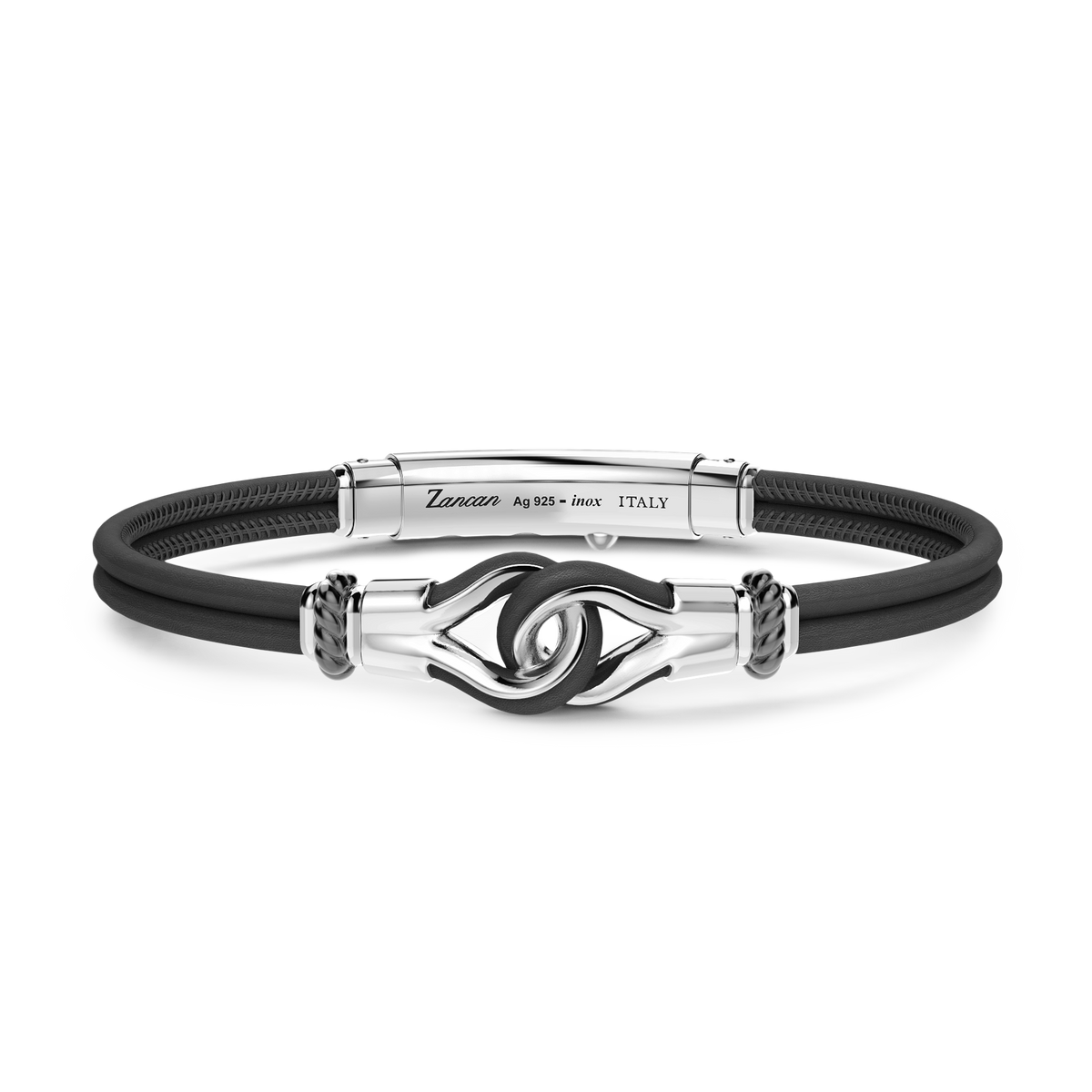 Black Leather Bracelet with Silver Knot