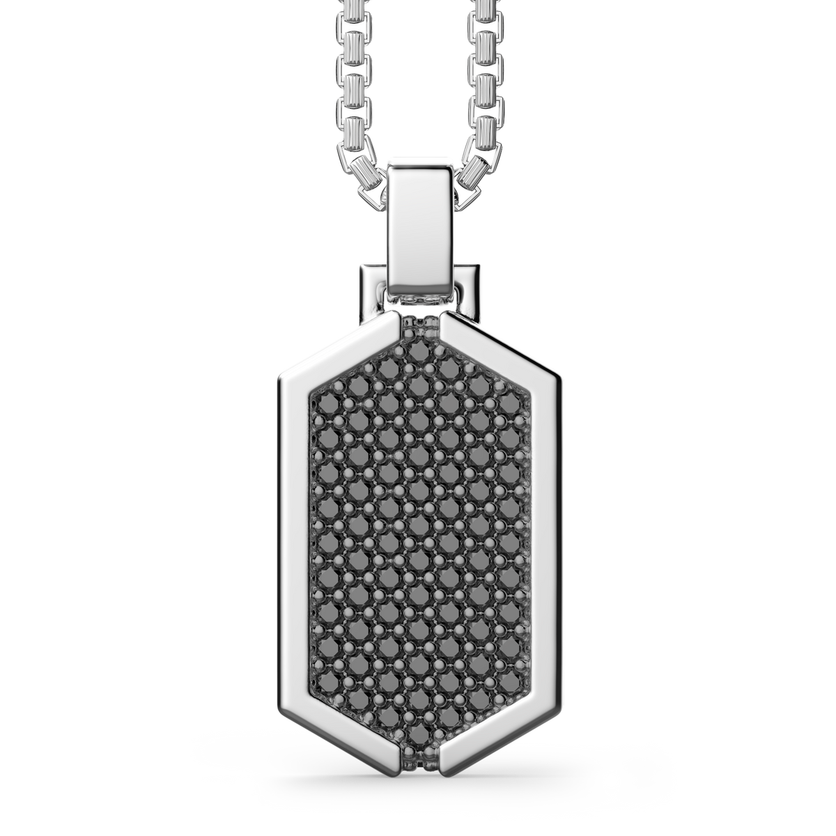 Silver Necklace with Tag Pendant Studded with Black Stones