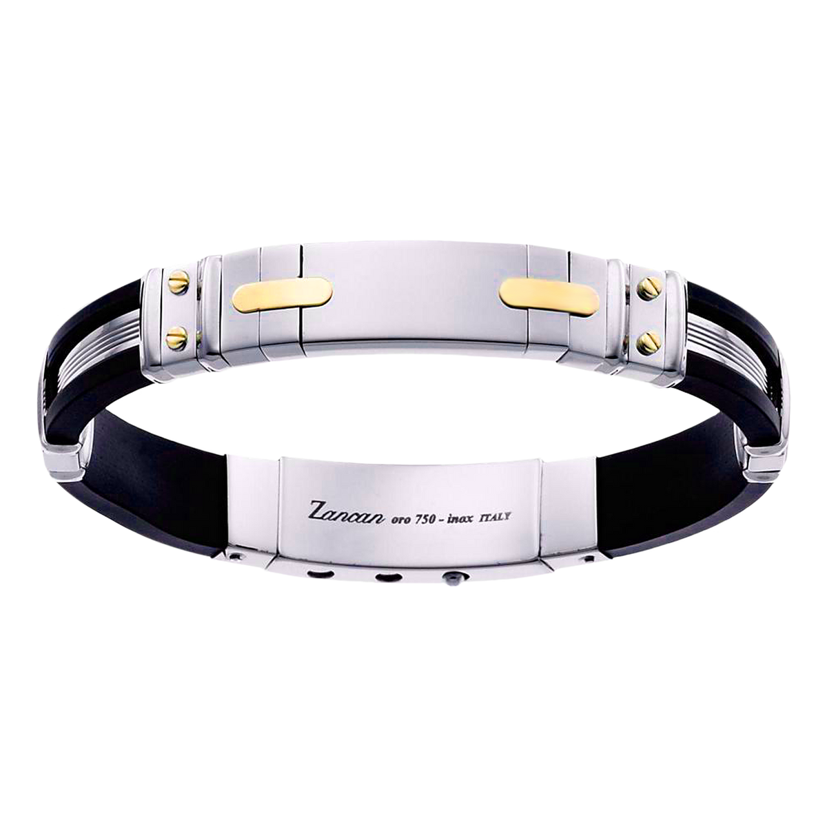 Black Silicone Bracelet with Silver Tag & Yellow Gold