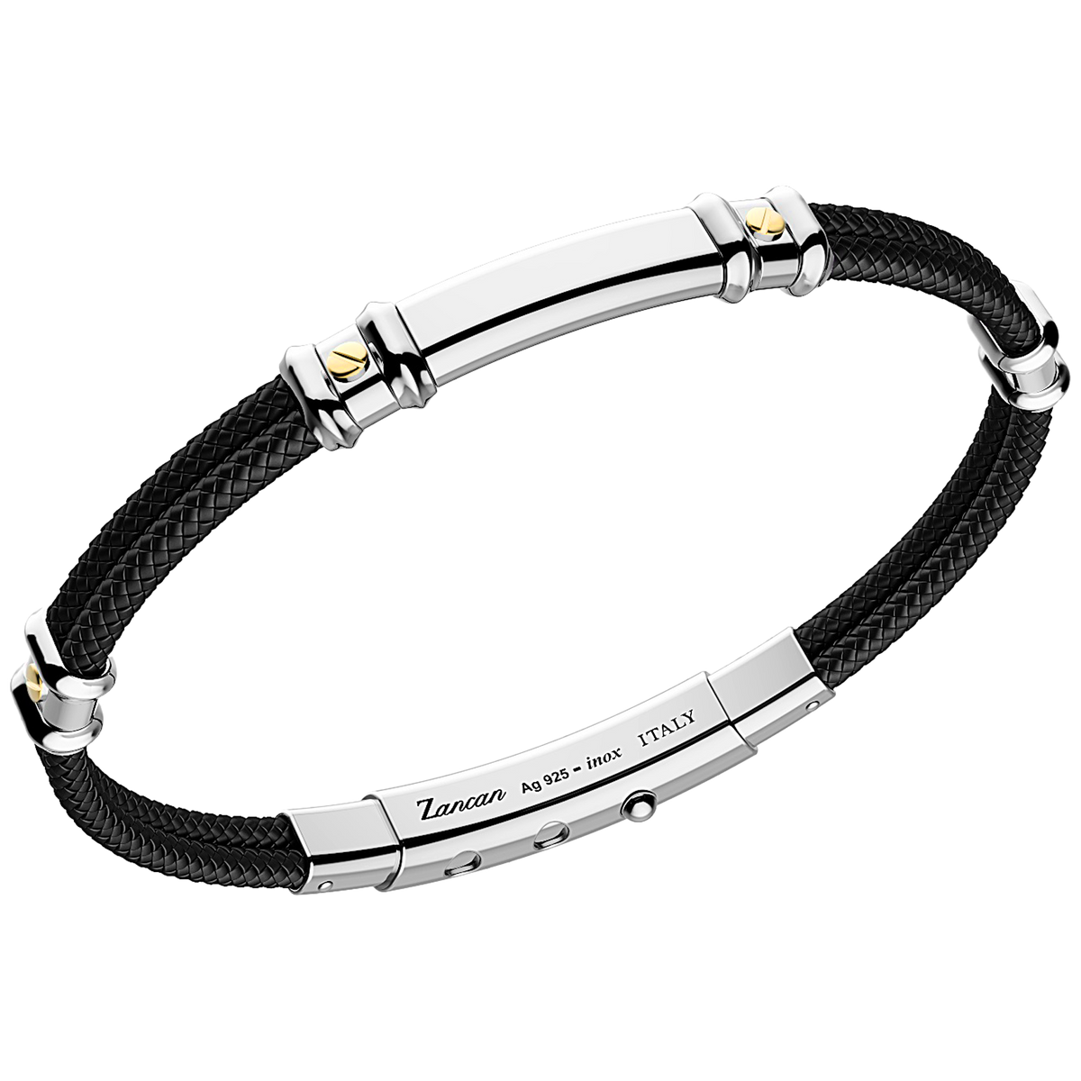 Black Kevlar Bracelet with Silver Tag and Yellow Gold Details