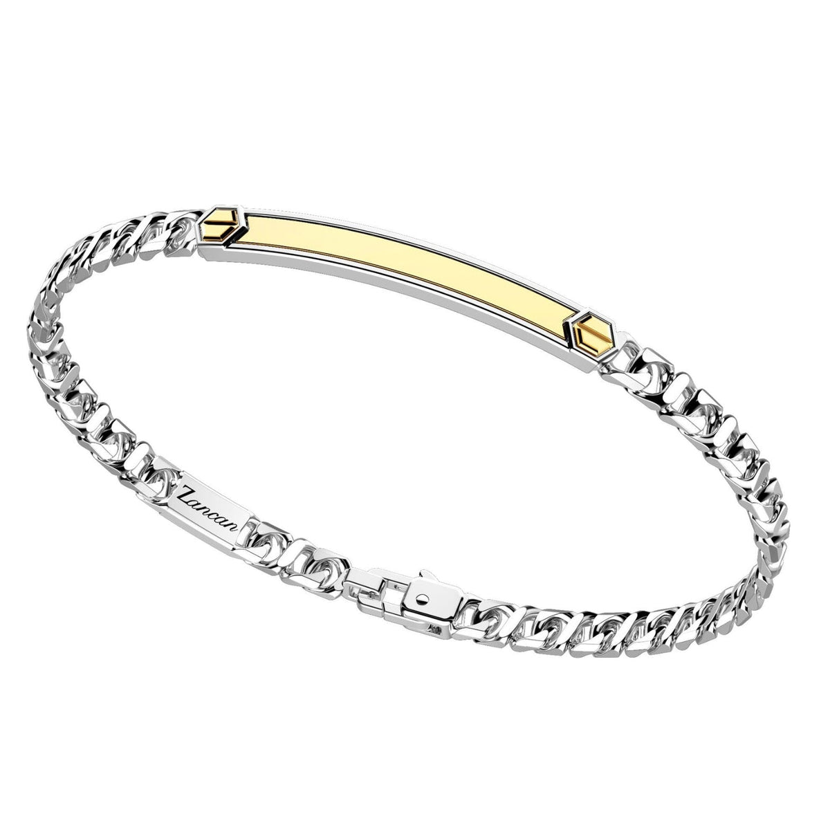 Silver Curb Chain Bracelet with Tag and Yellow Gold Inserts