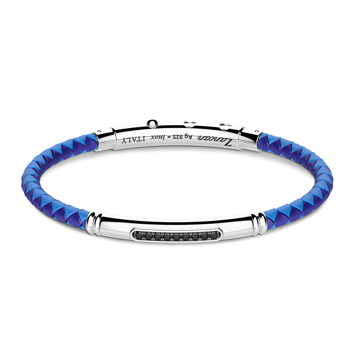 Blue Silicone Bracelet with Silver Tag & Black Stones