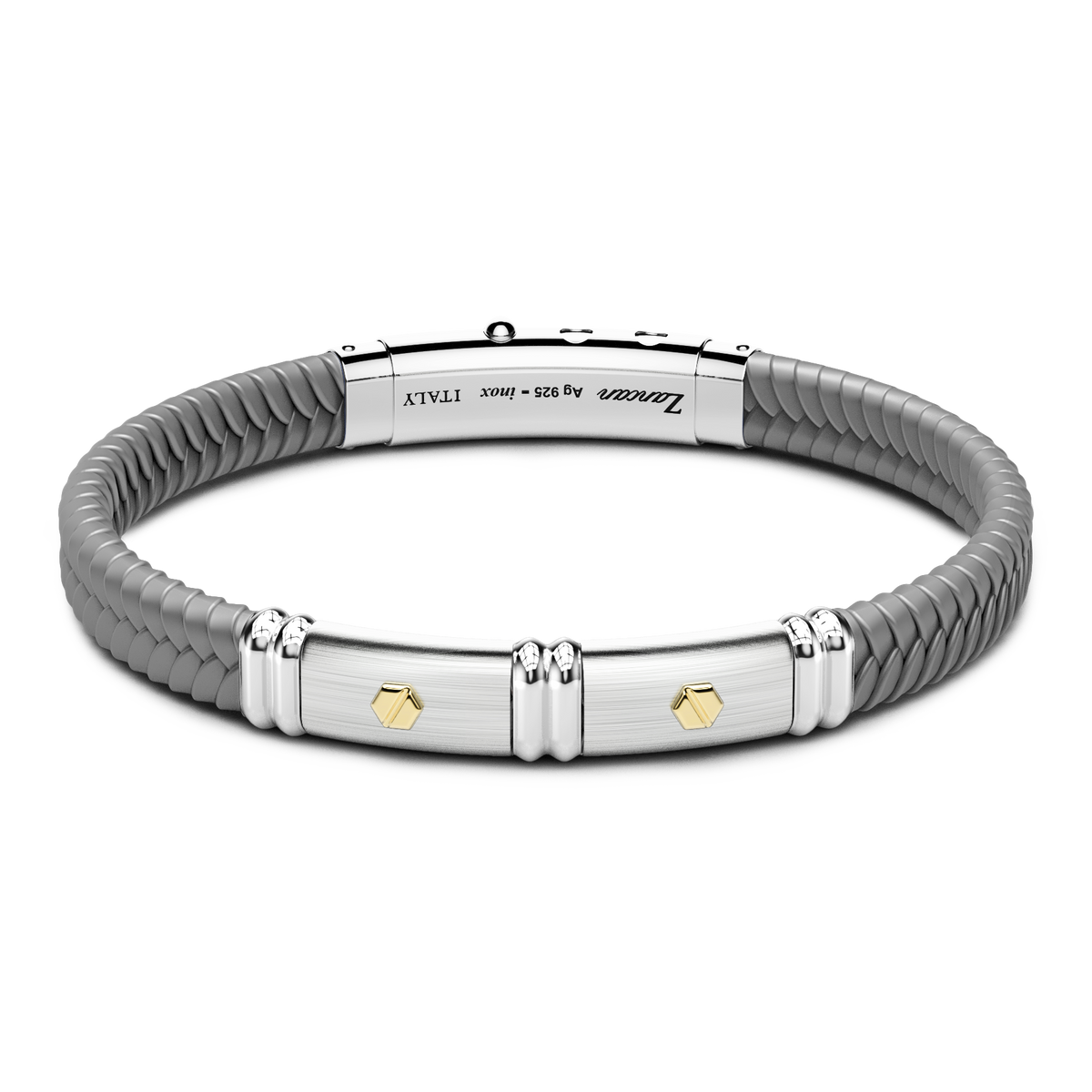 Gray Silicone Bracelet with Silver Tag & Yellow Gold Details