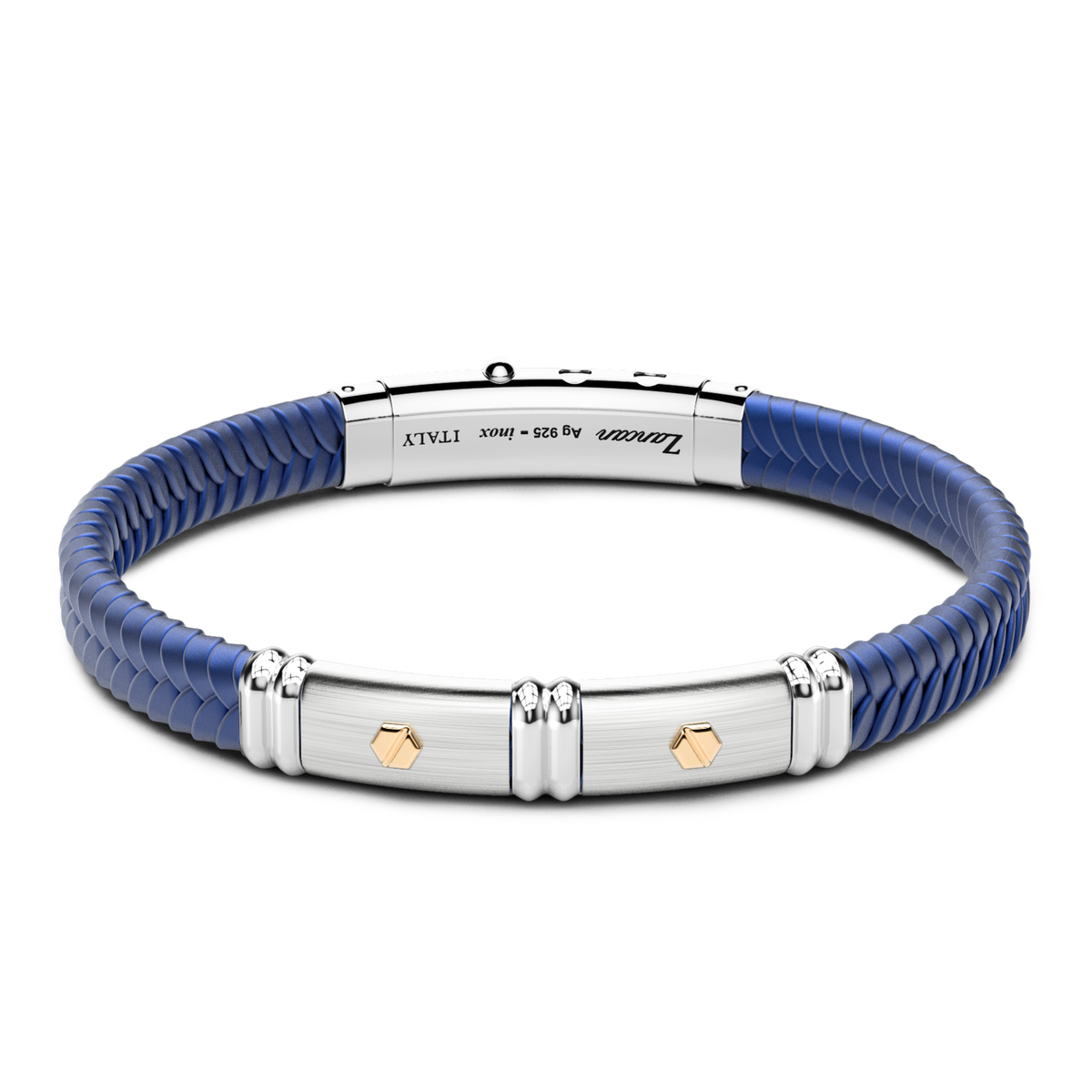 Blue Silicone Bracelet with Silver Tag & Yellow Gold Details