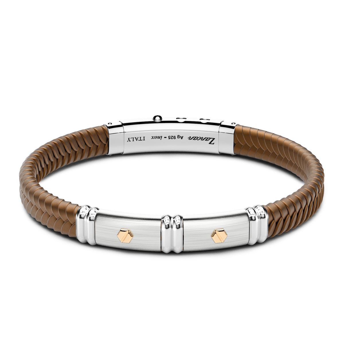 Brown Silicone Bracelet with Silver Tag & Yellow Gold Details