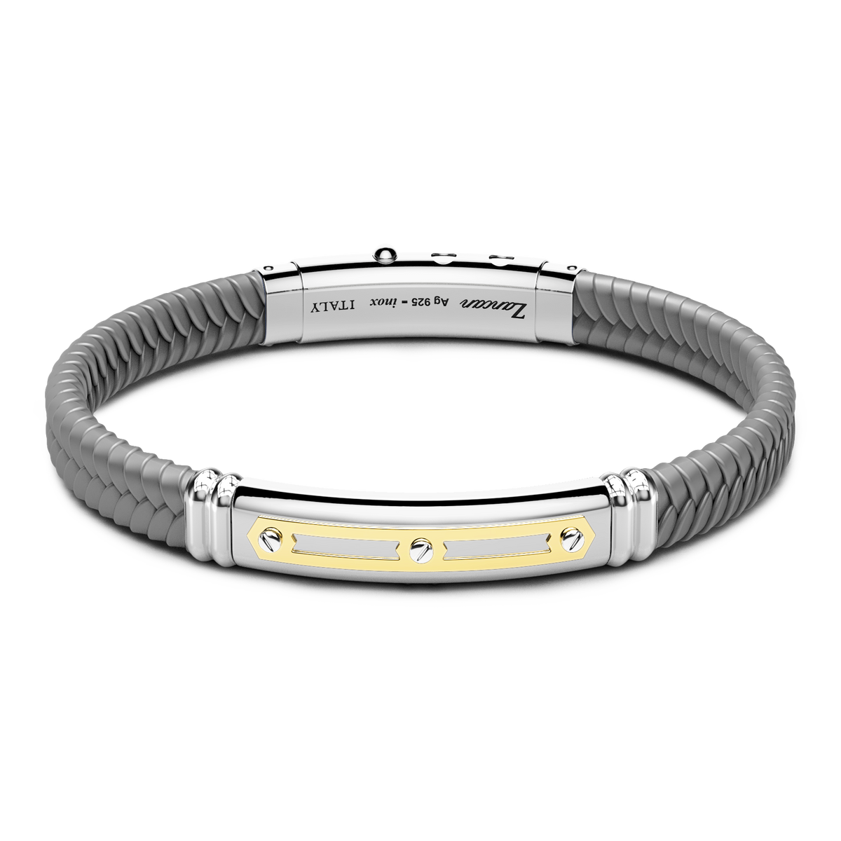 Gray Silicone Bracelet with Silver Tag & Yellow Gold Details