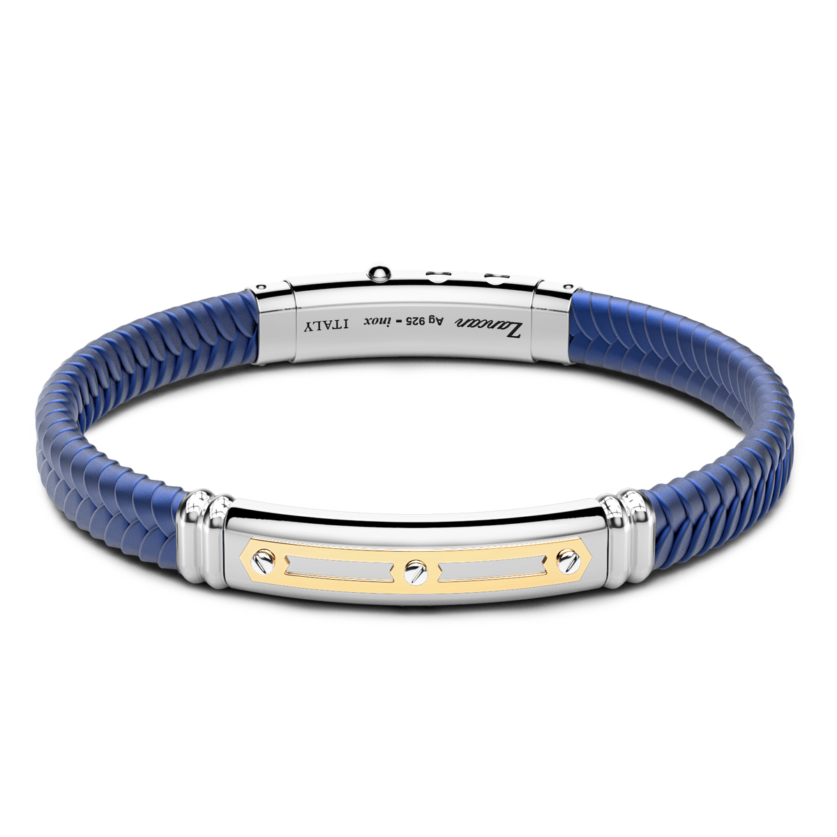 Blue Silicone Bracelet with Silver Tag & Yellow Gold Details