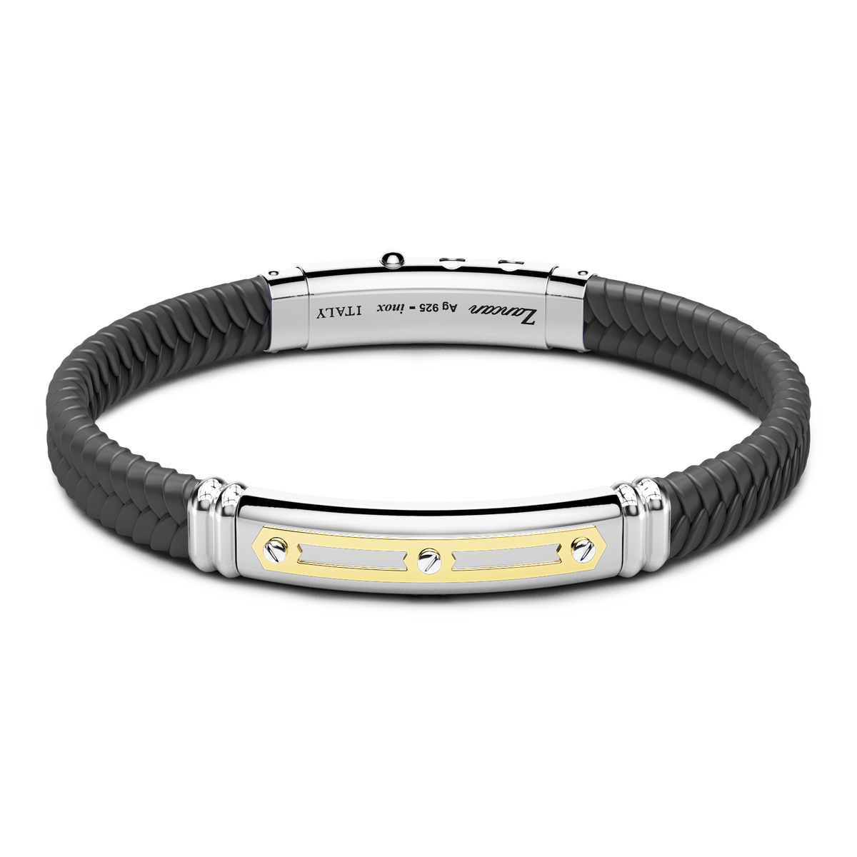 Black Silicone Bracelet with Silver Tag & Yellow Gold Details
