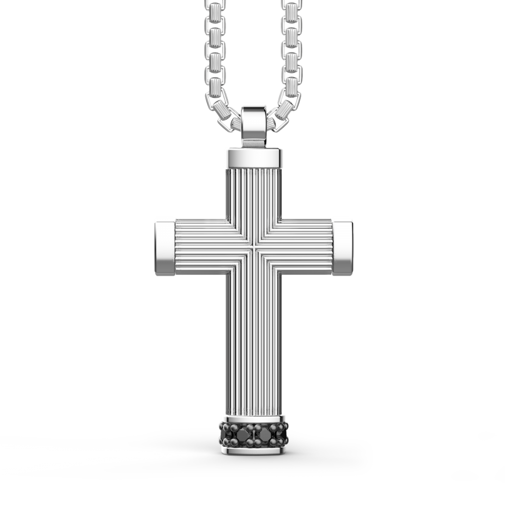 Silver Necklace with Cross Pendant and Black Stones