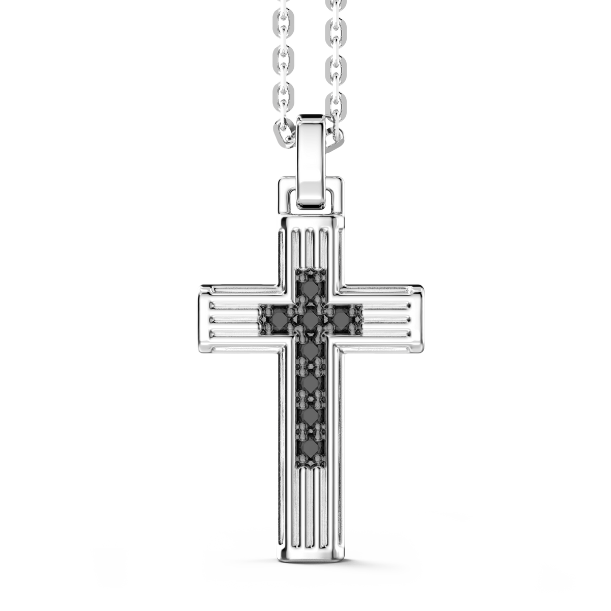 Silver Necklace with Cross Pendant & Black Stones