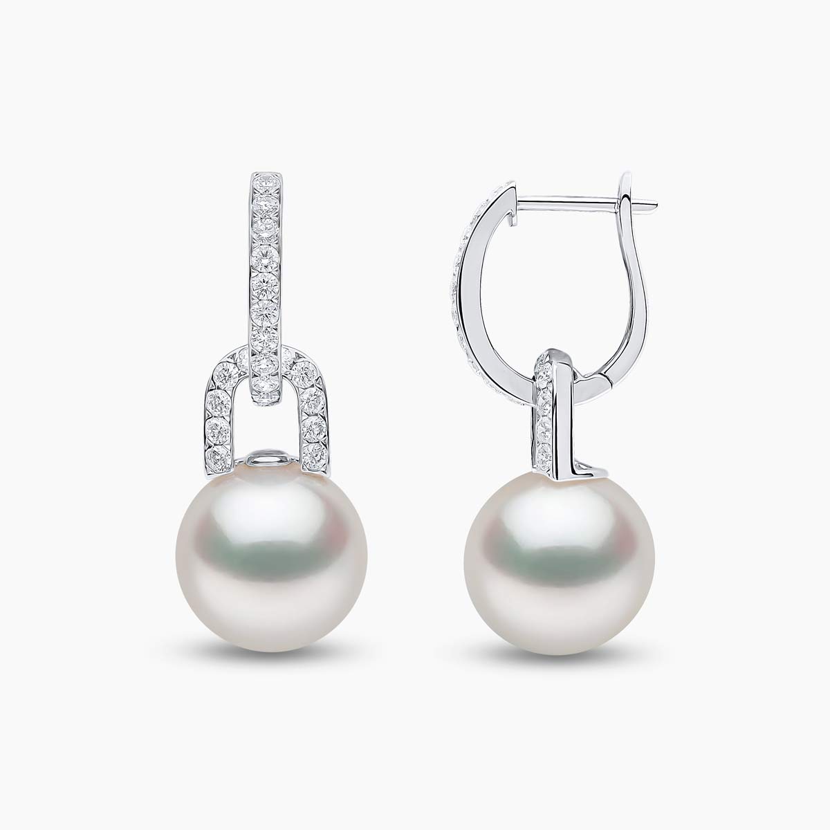 Jazz 18K Gold Pearl and Diamond Link Earrings White Australian South Sea