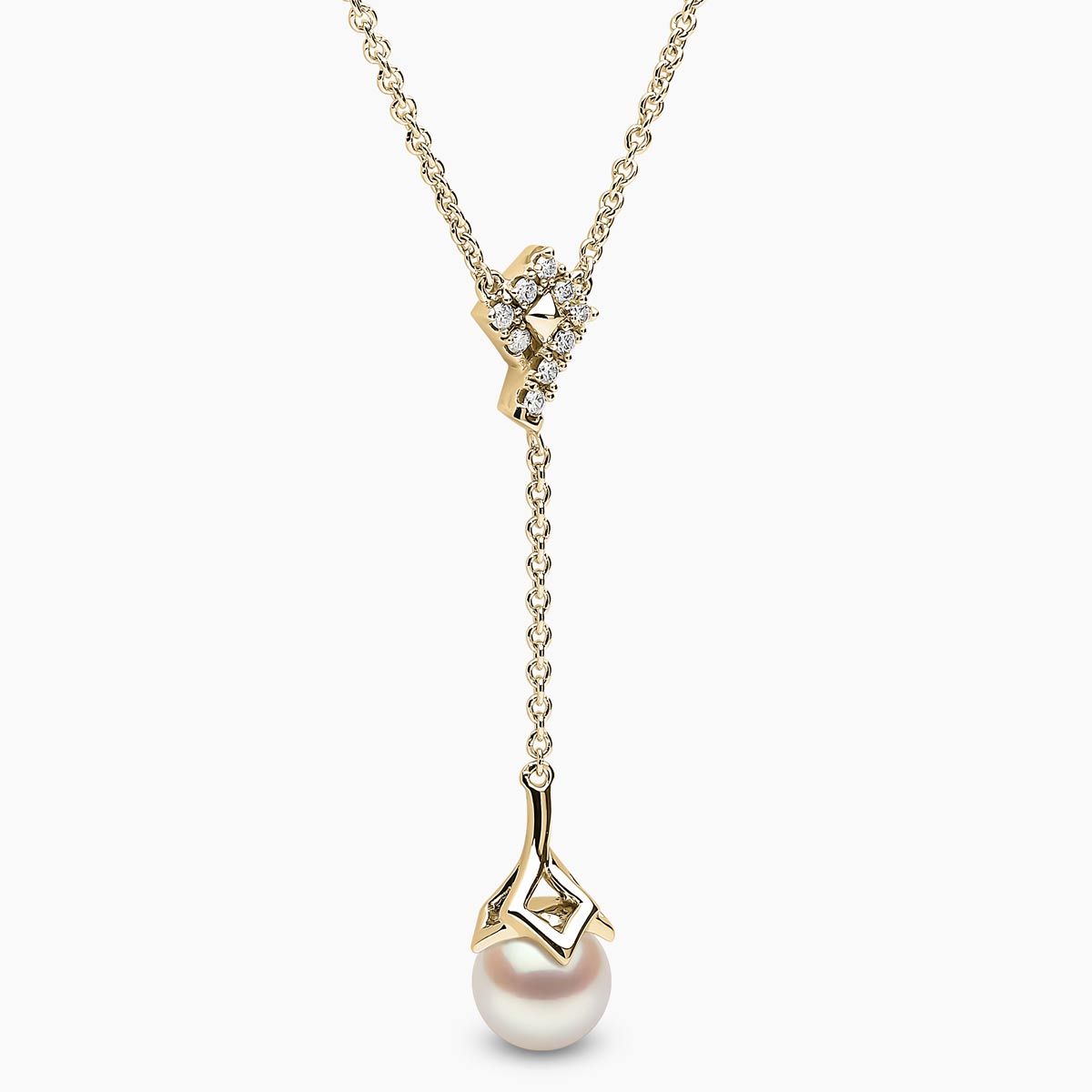 Trend 18K Gold Freshwater Pearl And Diamond Motif Chain Drop Necklace White Freshwater