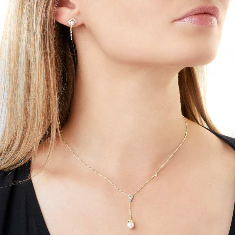 Trend 18K Gold Freshwater Pearl And Diamond Motif Chain Drop Necklace White Freshwater