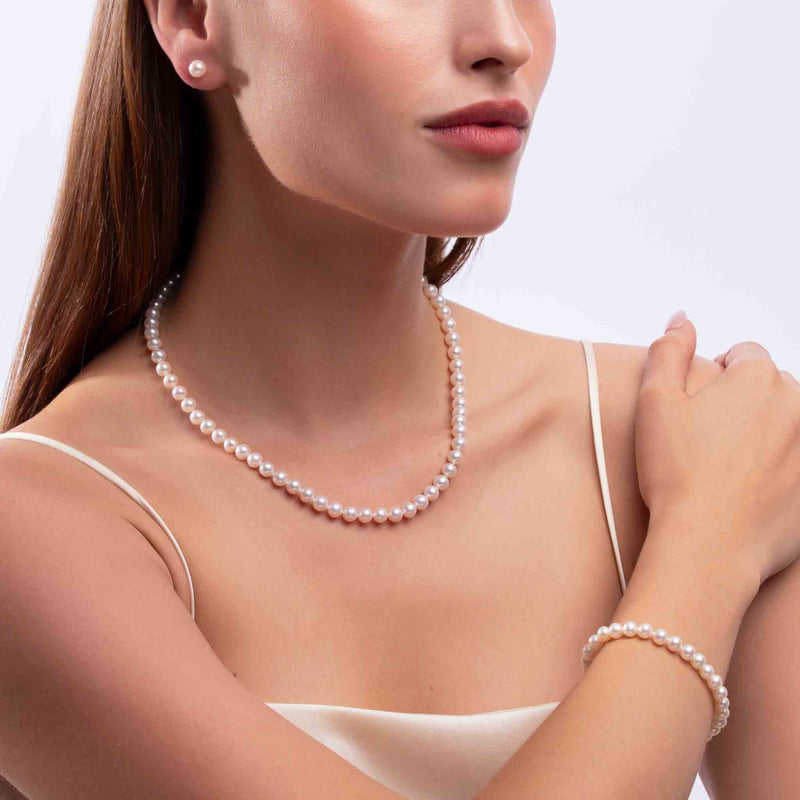 Classic White Freshwater Pearl Necklace, Bracelet & Earring Set in 18k Gold White Freshwater 6-7mm