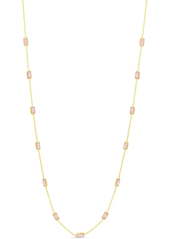 10K Yellow Gold Pink CZ Station Necklace - GBJ-S3345N-P