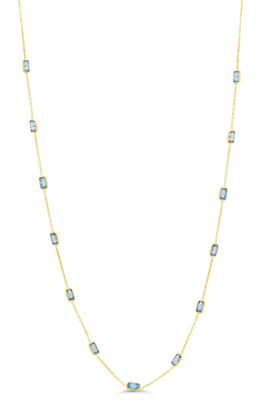 10K Yellow Gold Blue CZ Station Necklace - GBJ-S3345N-B