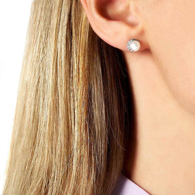 Trend 18K Gold Freshwater Pearl And Diamond Half Moon Stud Earrings White Freshwater
