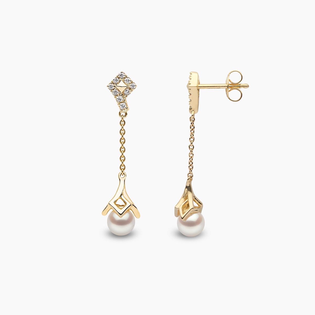 Trend 18K Gold Freshwater Pearl and Diamond Motif Chain Drop Earrings White Freshwater