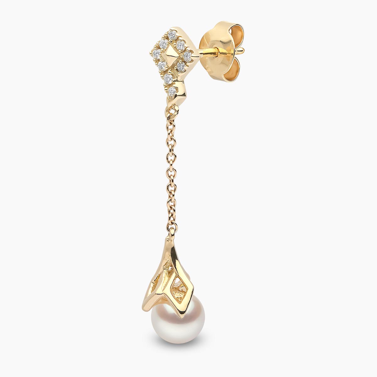 Trend 18K Gold Freshwater Pearl and Diamond Motif Chain Drop Earrings White Freshwater