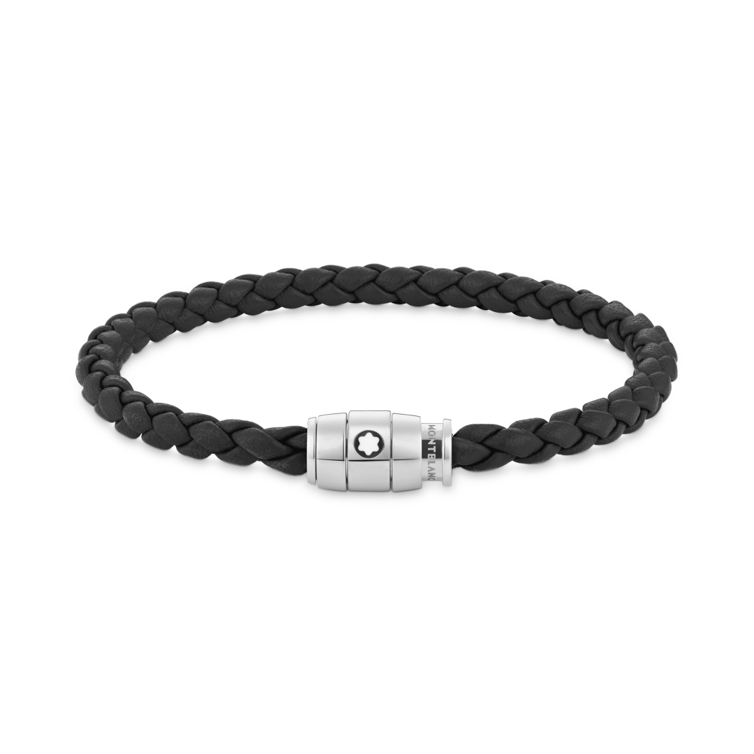 Montblanc Bracelet Steel 3 Rings Closing And Black Leather MB130896