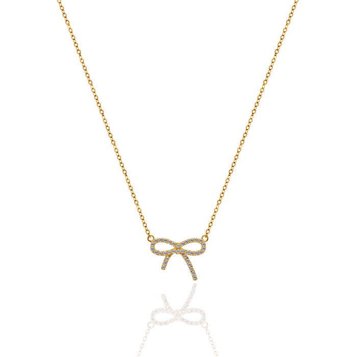 10K Yellow Gold CZ Pave Ribbon Bow Necklace-GBJ-10-1130