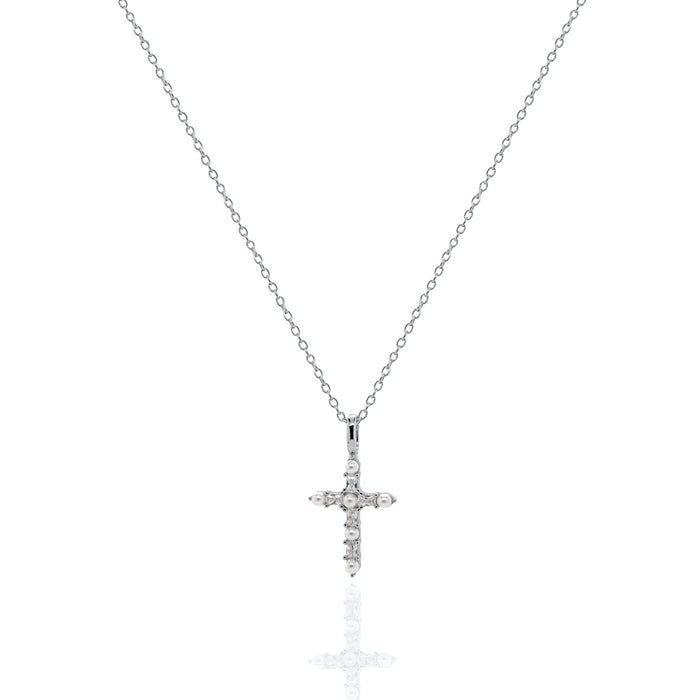 Sterling Silver Rhodium Plated Freshwater Pearl Cross Necklace (GBJ-1617-N-RH)