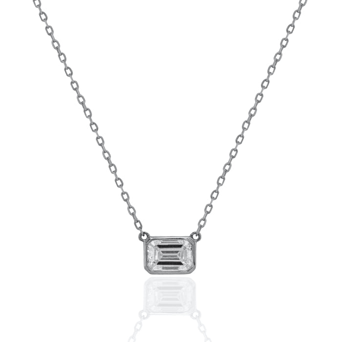 Sterling Silver Rhodium Plated Emerald Cut Lab Diamond TCW 1.0ct Bezel Set Necklace