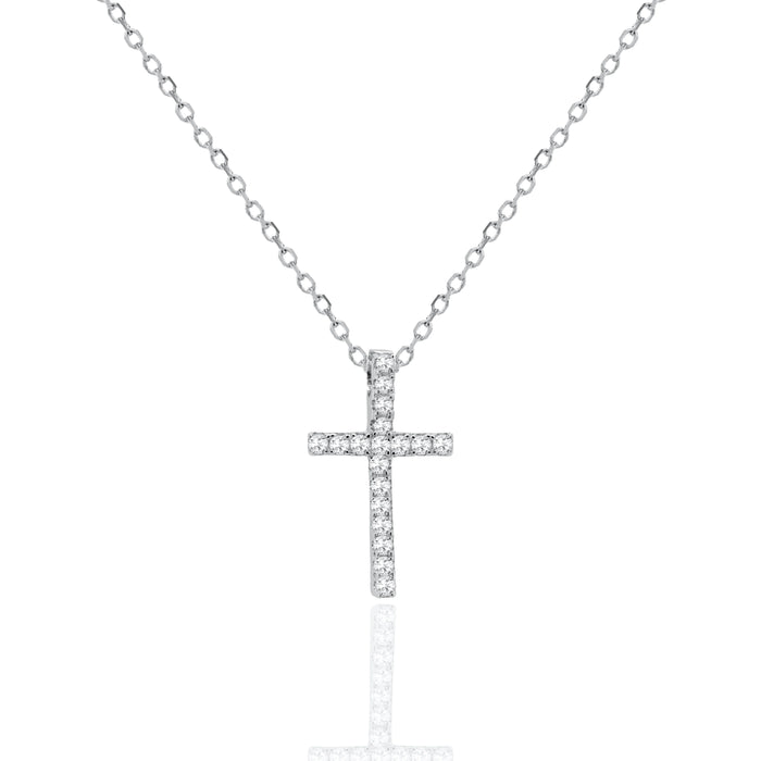 Sterling Silver Rhodium Plated Lab Diamond TCW 0.11ct Pave Cross Necklace (GBJ-LGD-1005-RH-N)