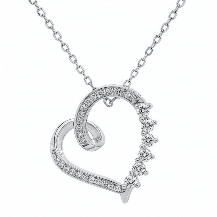 Sterling Silver Rhodium Plated Lab Diamond TCW 0.4ct Ribbon Heart Necklace (GBJ-LGD-1012-RH-N)