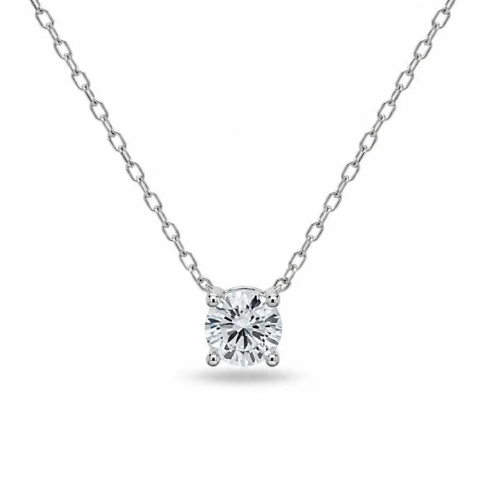 Sterling Silver Rhodium Plated Lab Diamond TCW 0.5ct 5mm 4 Prong Setting Solitaire Necklace
